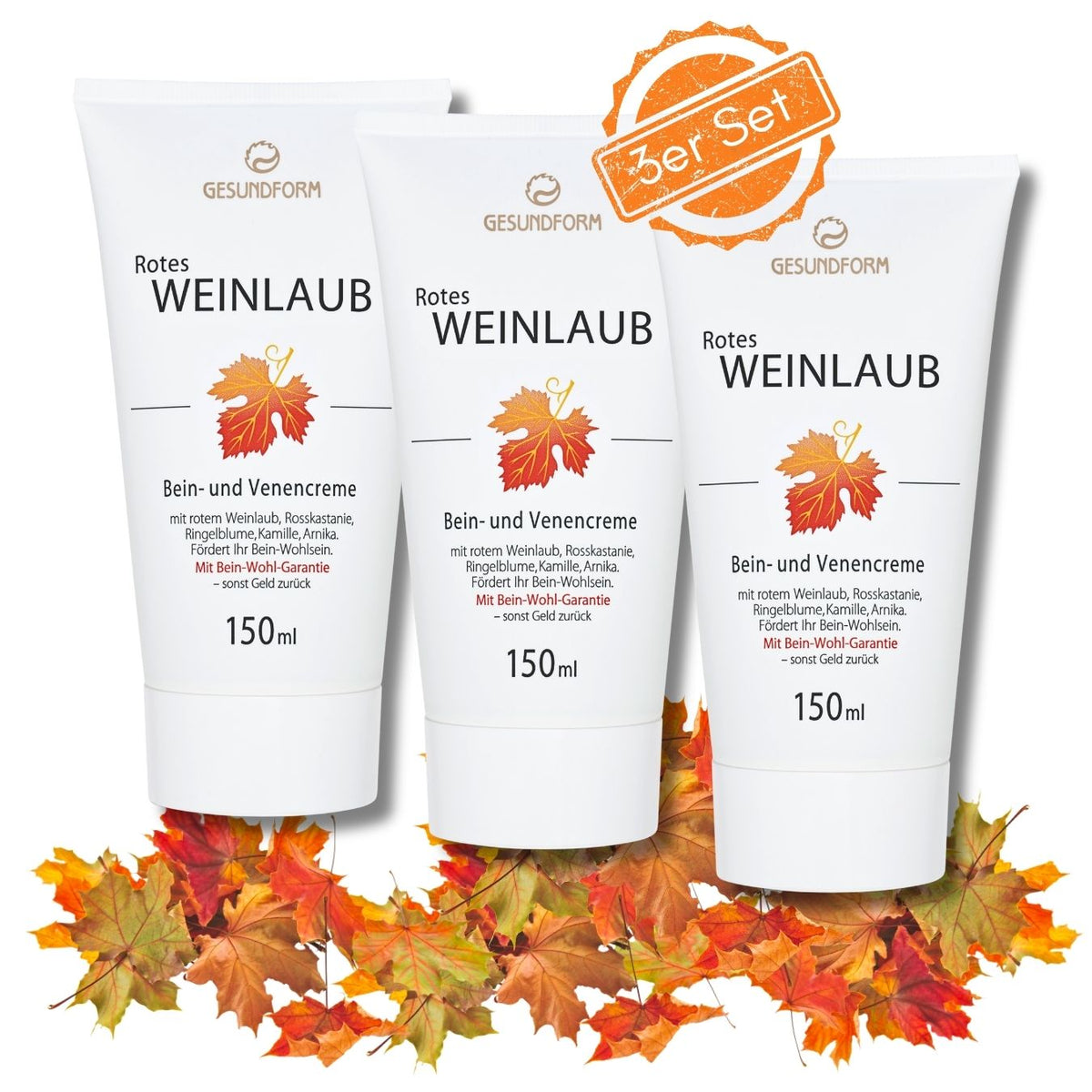 GESUNDFORM - Hochwertige Bein- und Venencreme mit rotem Weinlaub, Spar-Set 3x150ml