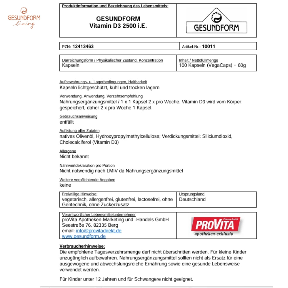 GESUNDFORM Vitamin D3 2.500 I.E. Vega-Caps, 100 Kapseln