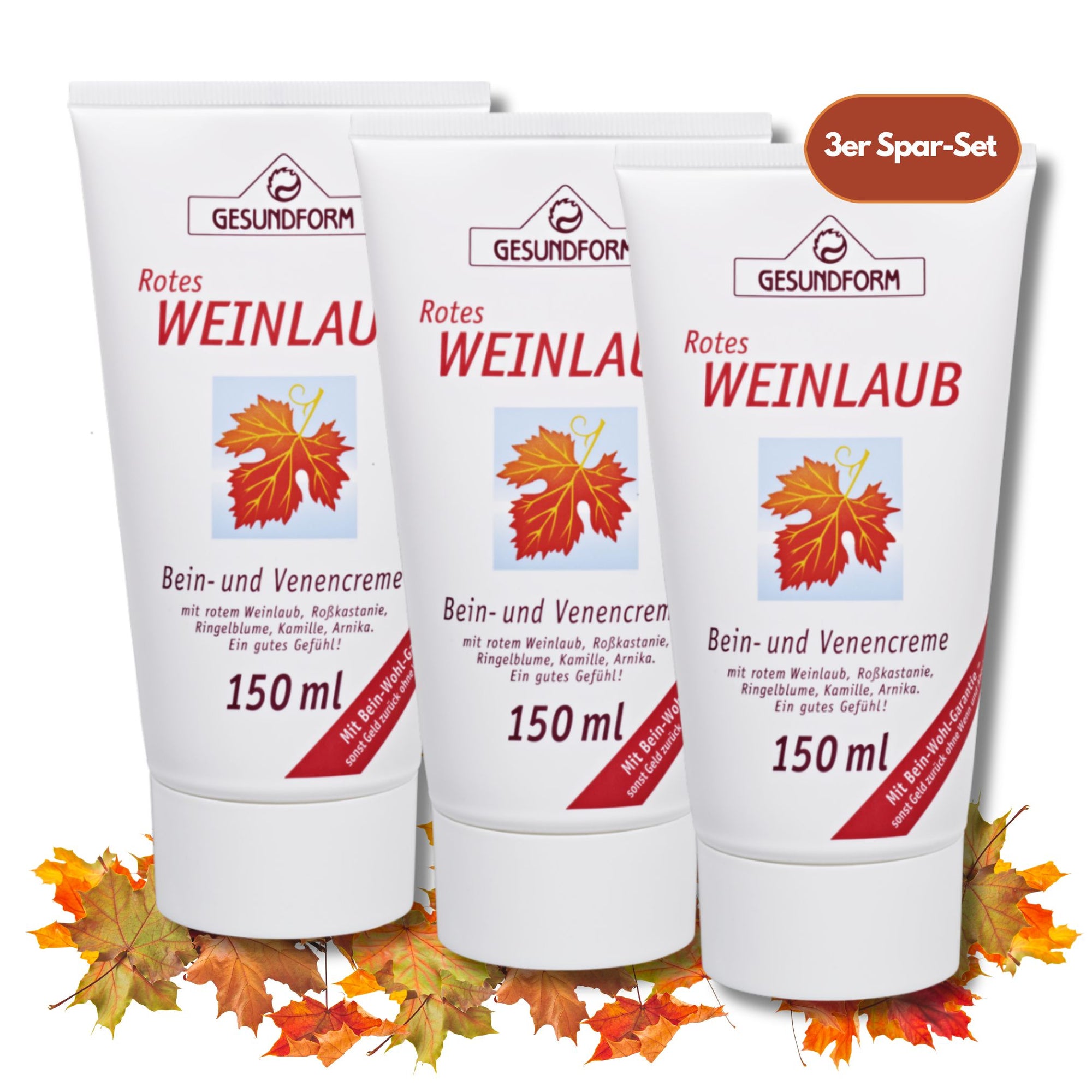 GESUNDFORM - Hochwertige Bein- und Venencreme mit rotem Weinlaub, Spar-Set 3x150ml